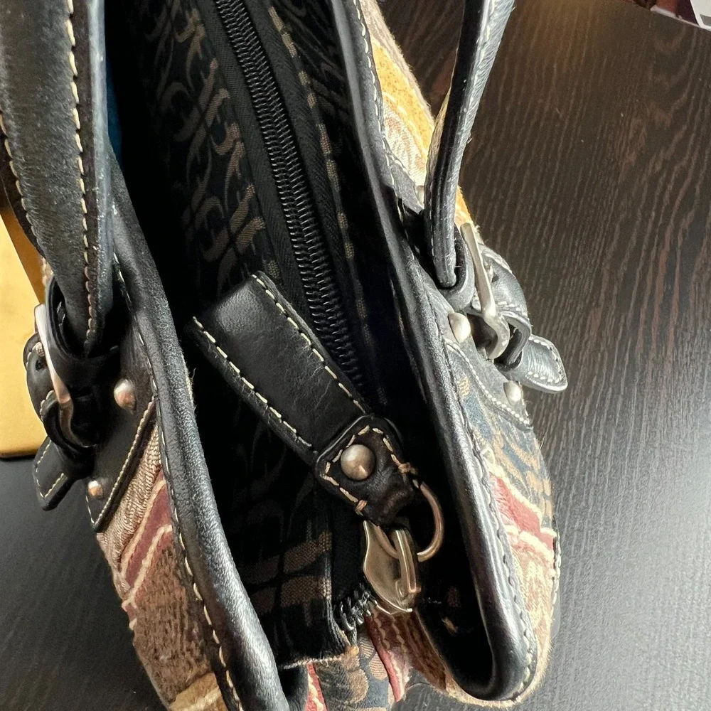 Vintage Fossil Hobo Patchwork Leather Suede Brown Mixed Media Dual Handle Purse